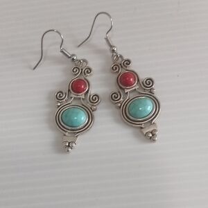 Fashion Jewelry Silver Earrings with Turquoise and Red Accents